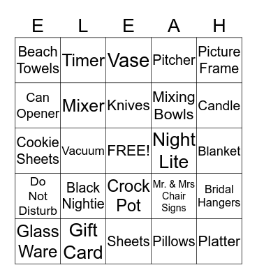 Eleah's Bridal Shower Bingo Card