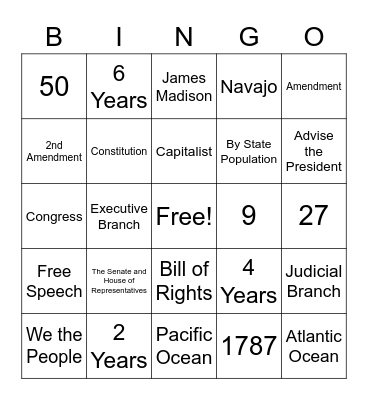 Arizona Civics Test Bingo Card