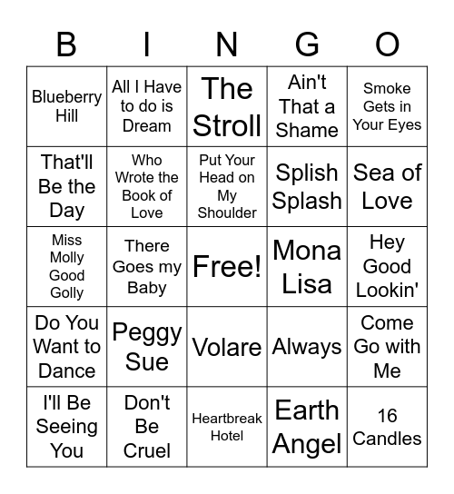 Oldies Bingo Card