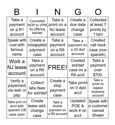 Dialer Bingo Card