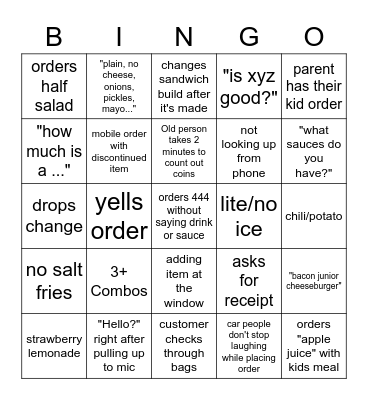 drive thru bingo Card