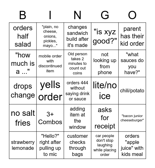 drive thru bingo Card