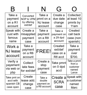 Dialer Bingo Card