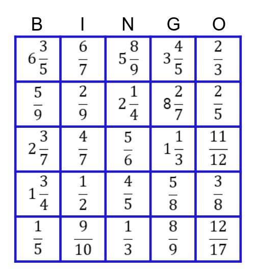 fraction Bingo Card