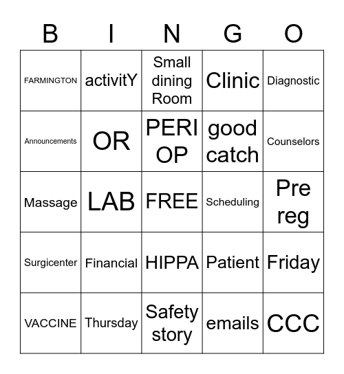 Patient Access Week Bingo Card