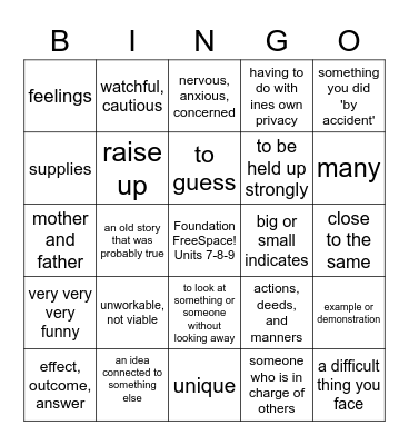 Foundation Thinko Units 7-8-9 Bingo Card