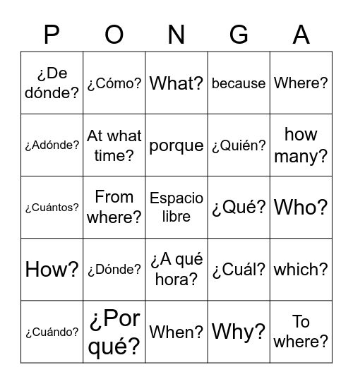Palabras Interrogativas Bingo Card