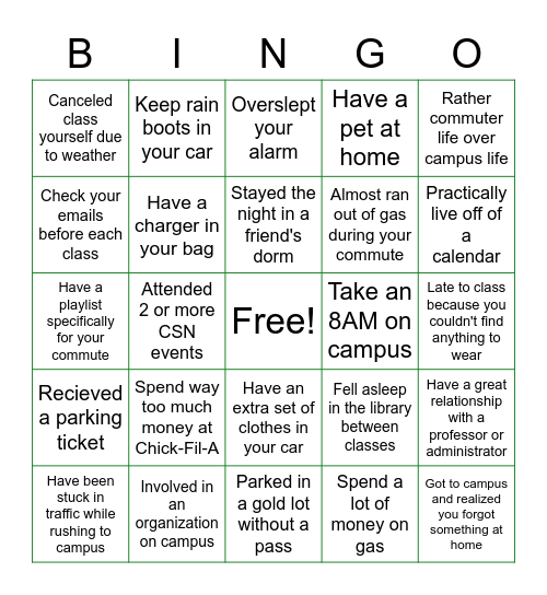 Commuter Bingo Bash ! Bingo Card