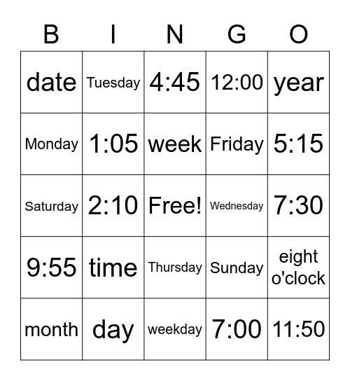 Unit 4 Daily Life Bingo Card