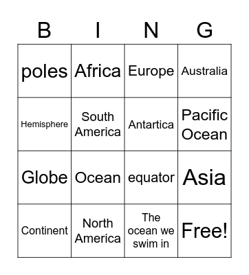 Geography and Continents Bingo Card