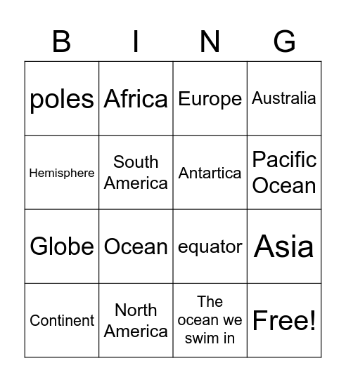 Geography and Continents Bingo Card