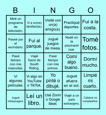 ¿Qué hiciste? Mis vacaciones de primavera Bingo Card