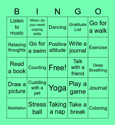 Coping Skills Bingo Card