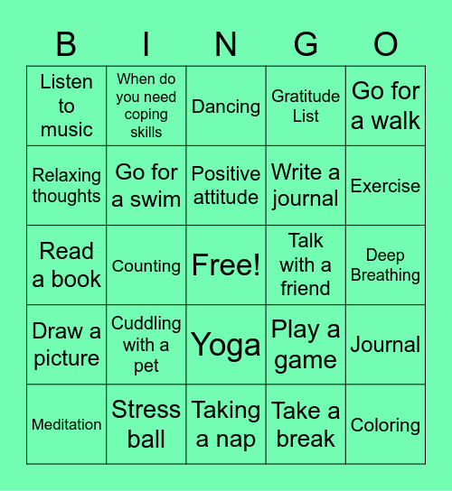 Coping Skills Bingo Card