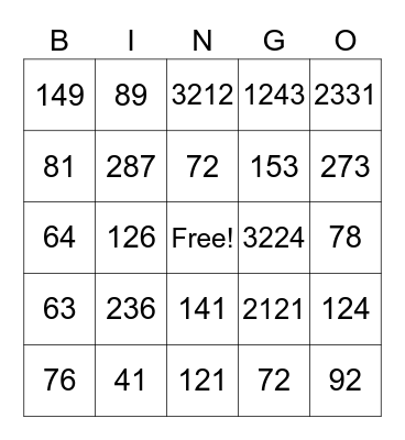 Long Division Bingo Card