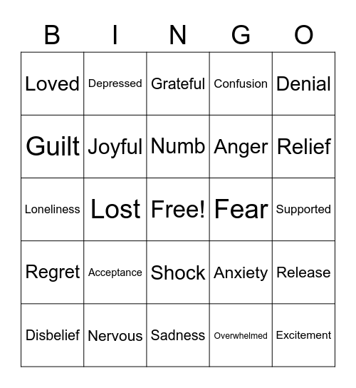 Feelings of Grief Bingo Card