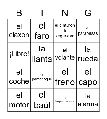 partes del coche Bingo Card