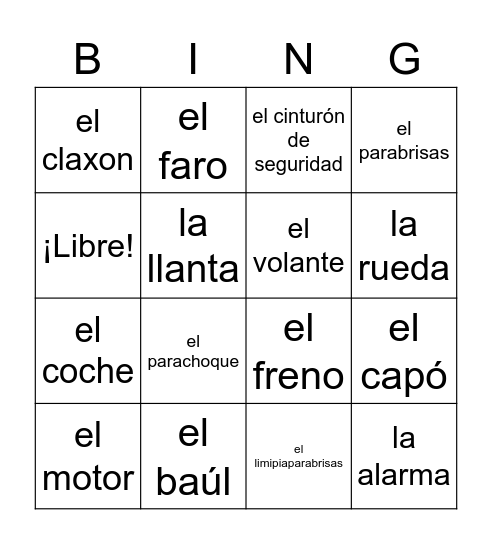 partes del coche Bingo Card
