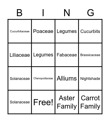 Plant Family Bingo Card