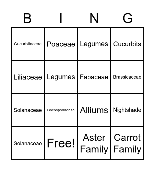 Plant Family Bingo Card