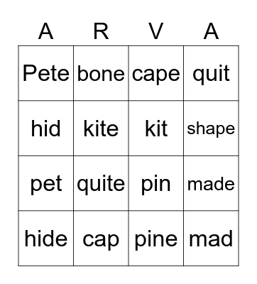 Magic Ninja E Bingo Card