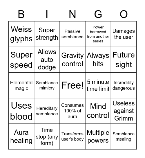 Semblance Bingo Card