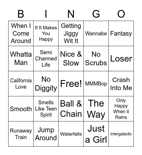 90's Hits Bingo Card
