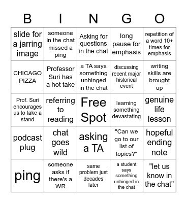 HIS 315L Bingo Card