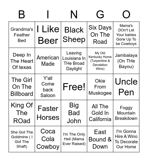 Country Classics Bingo Card