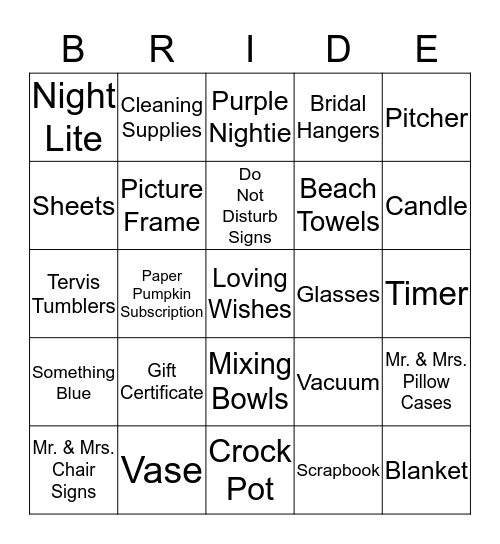 Eleah's Bridal Shower Bingo Card