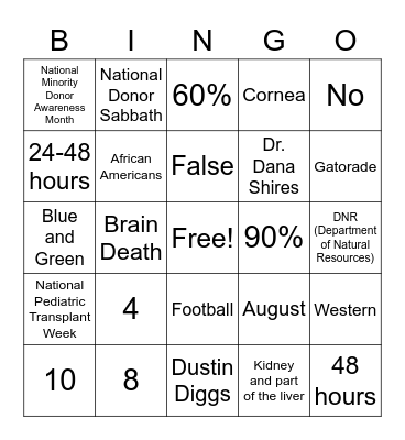 National Donate Life Month Bingo Card