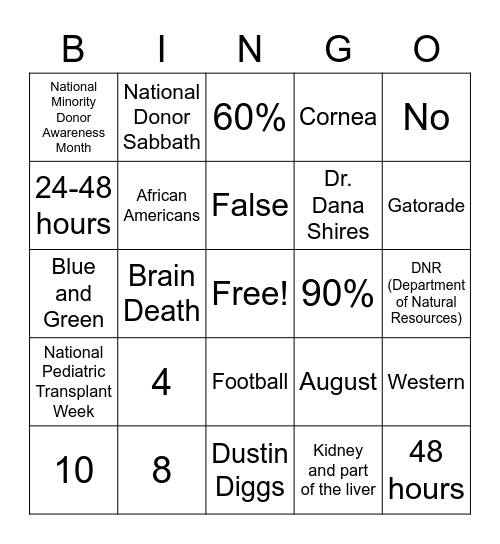 National Donate Life Month Bingo Card