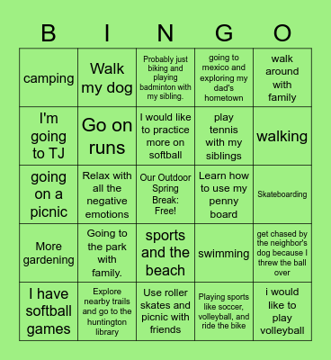 Our Outdoor Spring Break Plans Bingo Card