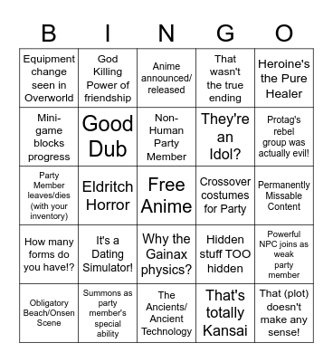 JRPG Tropes Bingo Card