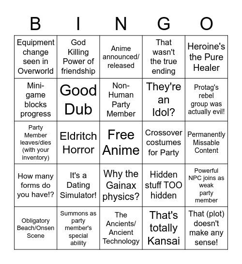 JRPG Tropes Bingo Card