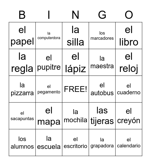 Spanish Classroom OBJECTS Bingo Card