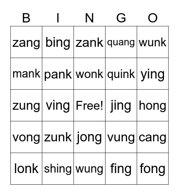 Wilson 2.1 welded sounds -ng/nk NONSENSE Bingo Card