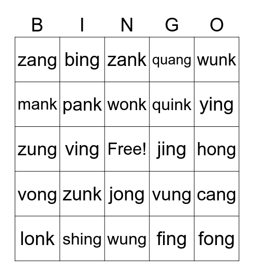 Wilson 2.1 welded sounds -ng/nk NONSENSE Bingo Card