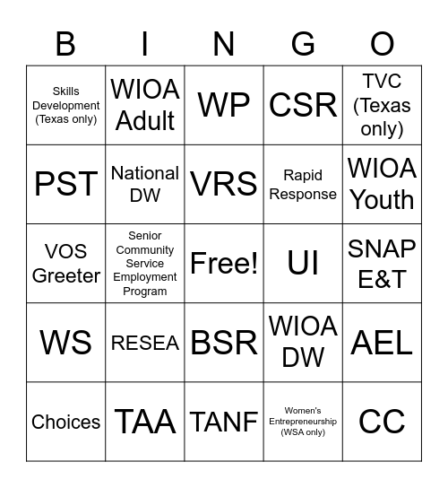 WS Alamo BINGO Card