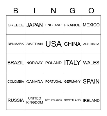 COUNTRIES AND NATIONALITIES Bingo Card