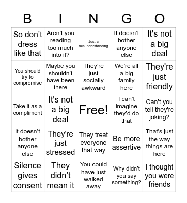 Work Place Harassment Bingo Card