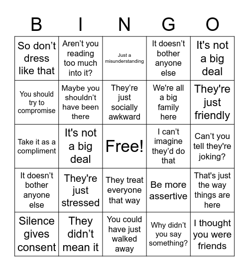 Work Place Harassment Bingo Card