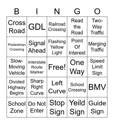 Driver's Education Bingo Card