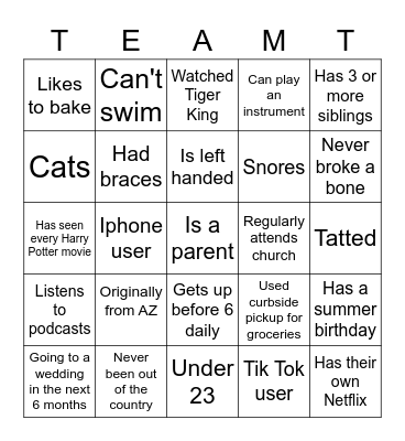 TEAM TAY TAY Bingo Card