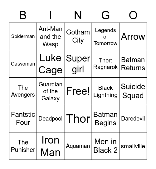 Marvel v DC movie titles Bingo Card