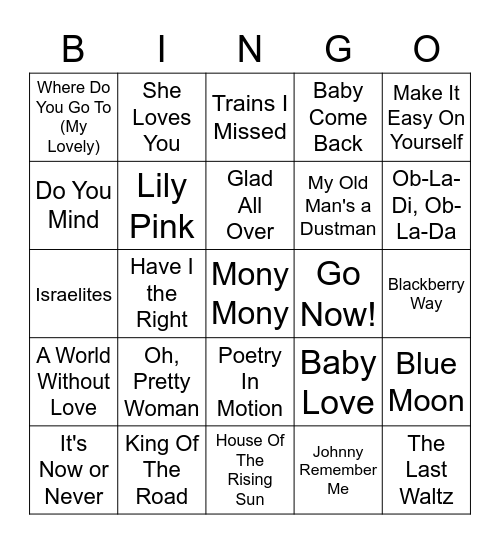 Number 1 Hits of the 1960's Bingo Card