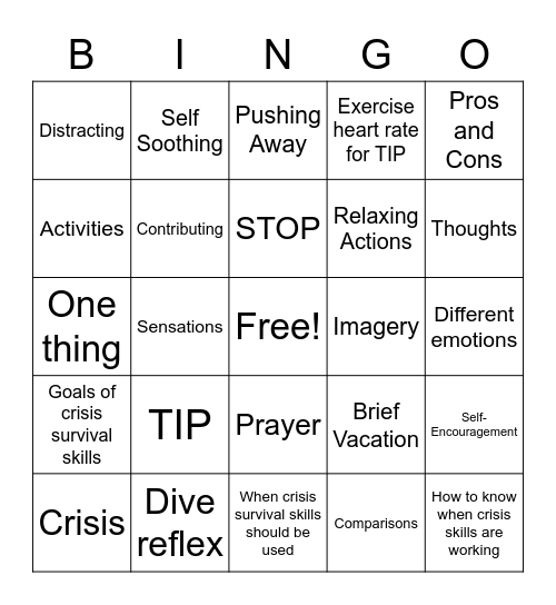 Crisis Survival Skills Bingo Card