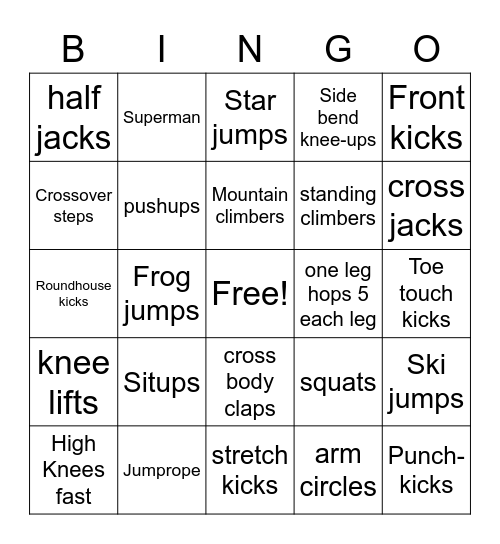 P.E. Fitness Bingo Card