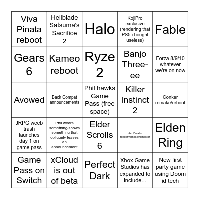 E3 2021 Xbox Conference Bingo Card