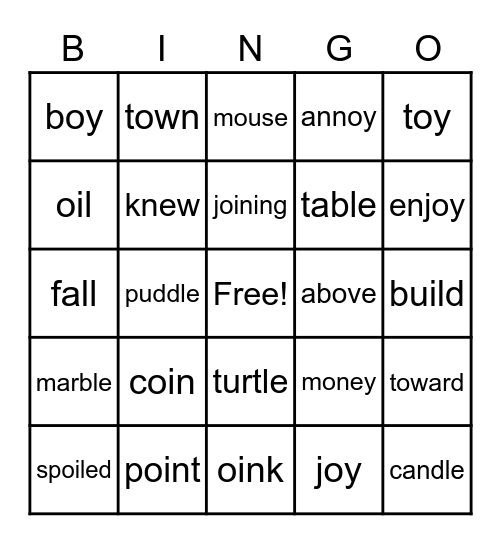 Unit 5 Week 5 Words (oi, oy, final stable syllables, and inflectional endings) Bingo Card